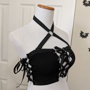 Lace Up Black Strappy Chest Harness Top